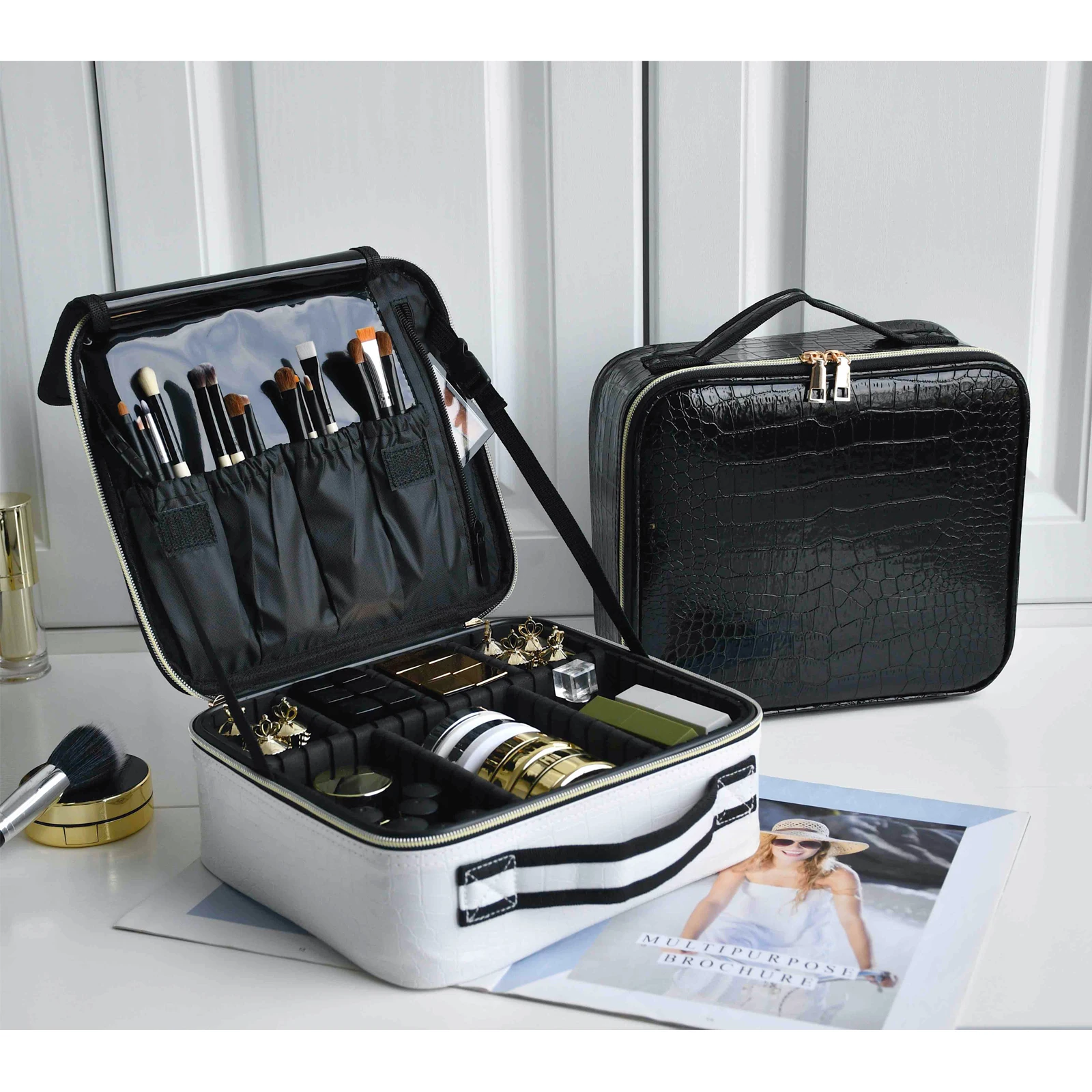 Bolsa de cosméticos de cuero PU para mujer, estuche de maquillaje de  almacenamiento de viaje portátil multifuncional, nuevo - AliExpress
