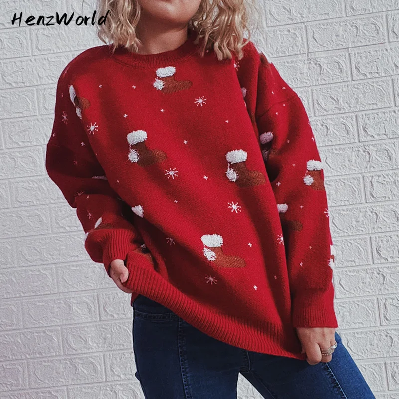 

Women's Sweater Christmas Clothing Winter Round Neck Jumper Long Sleeve Traf Dress New Year Stockings Jacquard Thicken Pullover