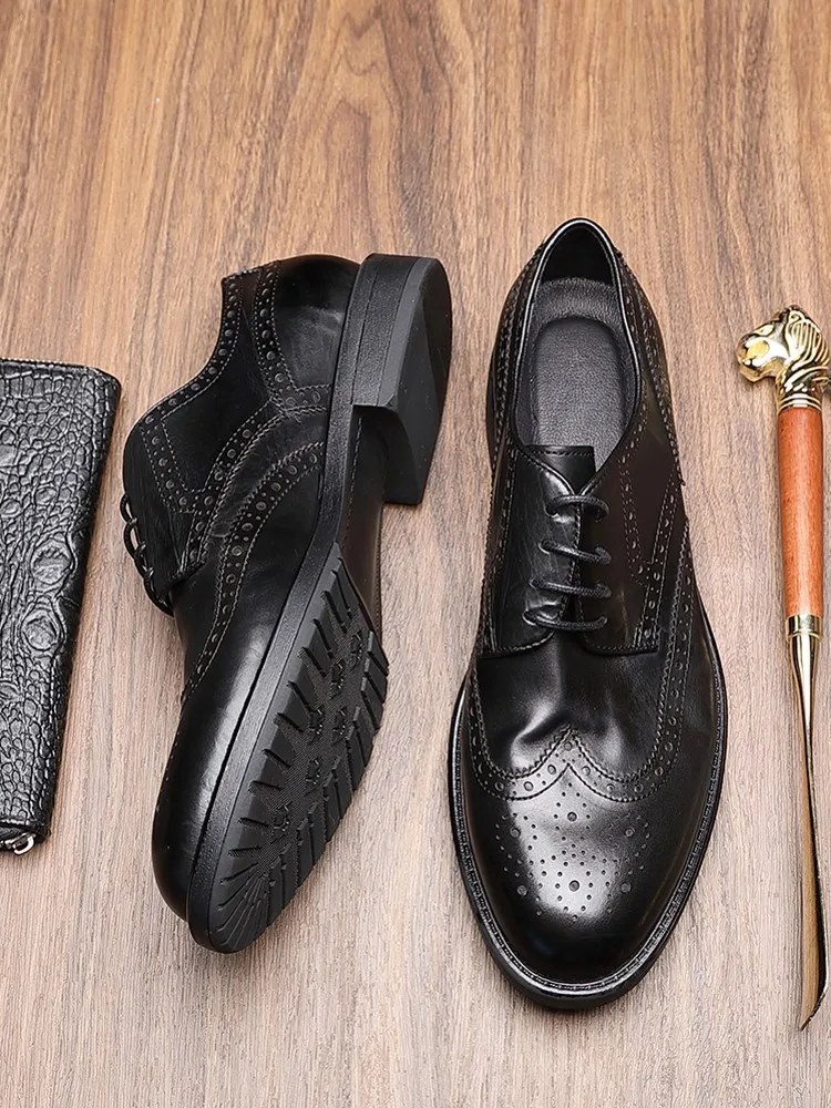 British Style Men Handmade Cowhide Genuine Leather Brogue Wing Tip Business Work Formal Shoes Vintage Groom Wedding Dress Shoes