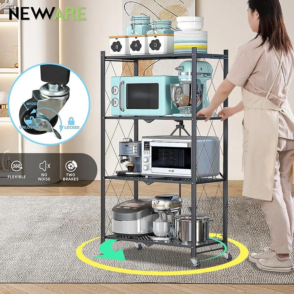 4-Tier Foldable Metal Storage Shelf with Wheels Heavy Duty Organizer Bathroom Kitchen Office Garage Space Saving Display Rack 5