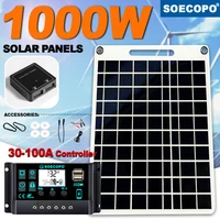 Kit de panneaux solaires 1000W avec contrôleur intelligent 100A, Mono Portable pour la maison, camping-car, comprend des câbles à crochets et des pinces crocodile 1