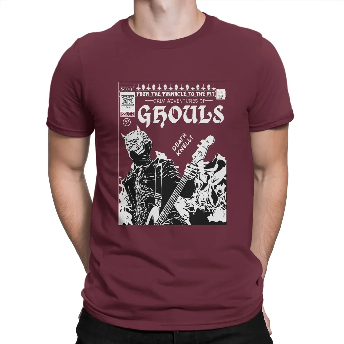 thumbnail image 1 of Camiseta para hombre con diseño de portada de cómic "Namel Ghoul InRed", de algodón vintage en tinta negra, de manga corta, con banda., 1 of 7
