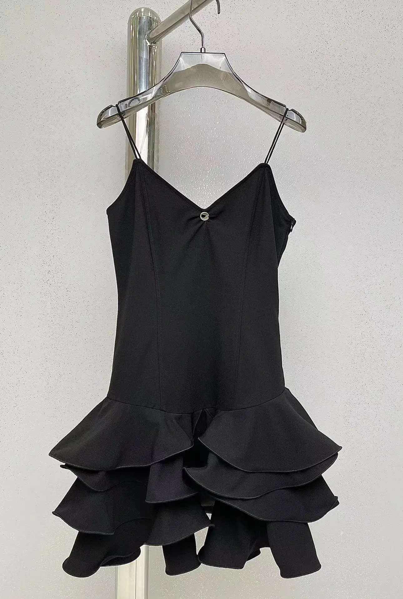 

HIGH QUALITY Newest 2022 Holiday Fashion Runway Sexy Solid Black Women's Spaghetti Strap Ruffles Mini Sexy Dress