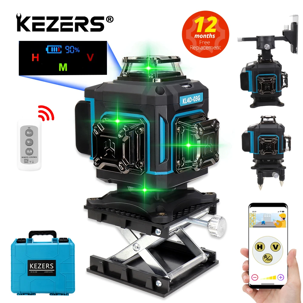 

KEZERS Display Green Laser Level 16 Lines 4D 360 1PC 4000mAh Li-ion Battery лазерный уровень nivel láser Remote Control Suitcase