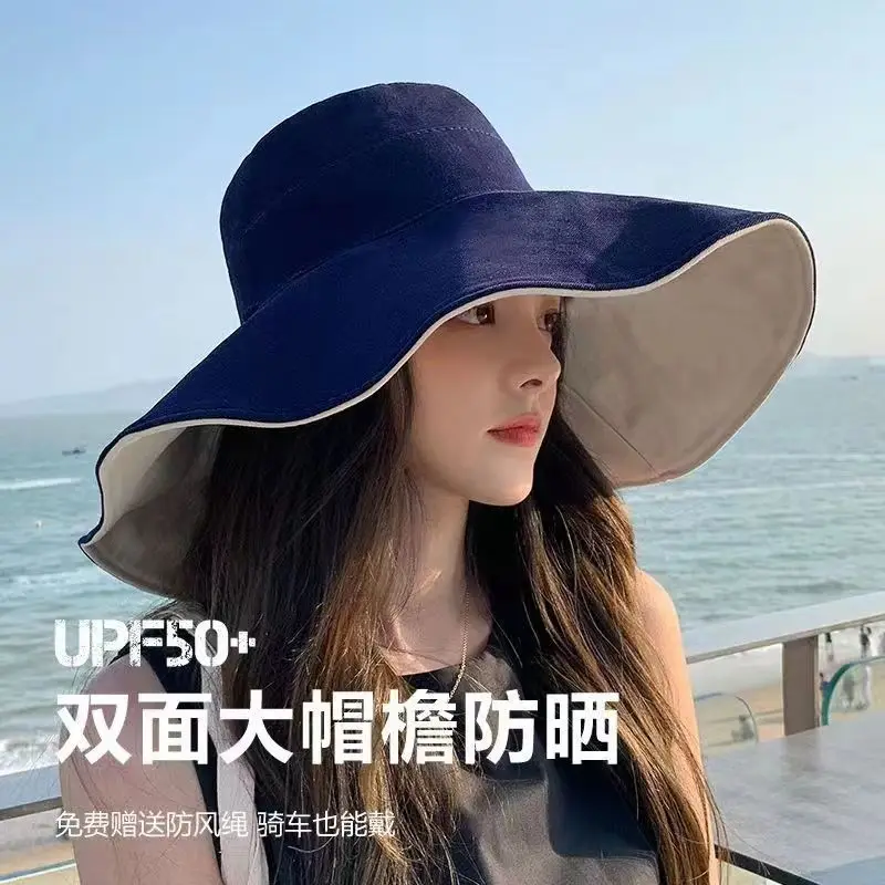 Korean style Oversized Brim Bucket Hat - Women's UV50+ Sun Protection Visor, Resort Chic Summer Beach Vacation Sun Hat