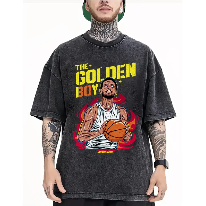 

High Street Style Pickled T-shirt 100% pure cotton basketball print short sleeved retro Harajuku hip-hop top