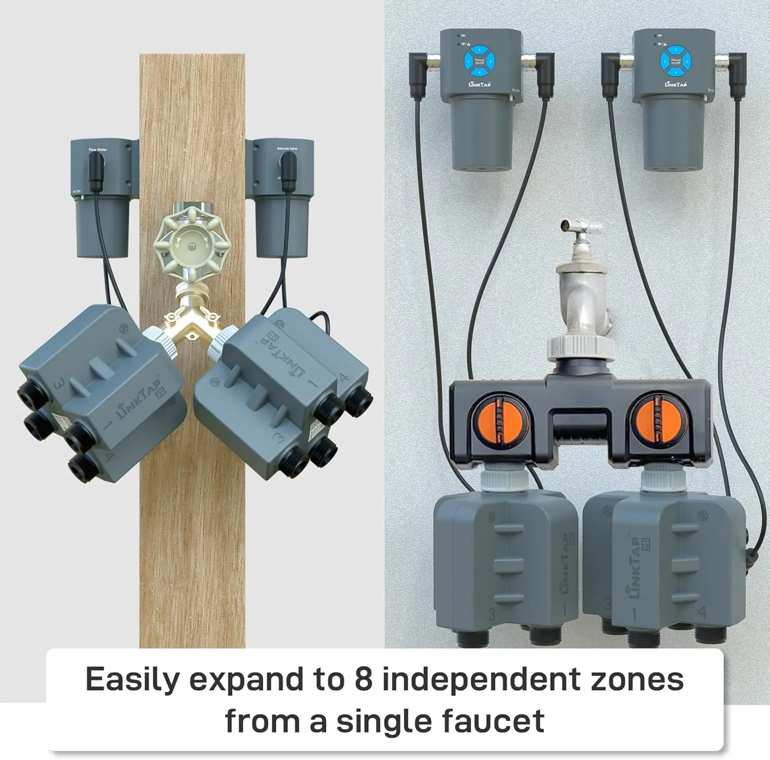 Q1 4-Zone Wireless Water Timer and Gateway with Individual Ports and Integrated Flow Meters, Equivalent to Four G2S Smart Hose T