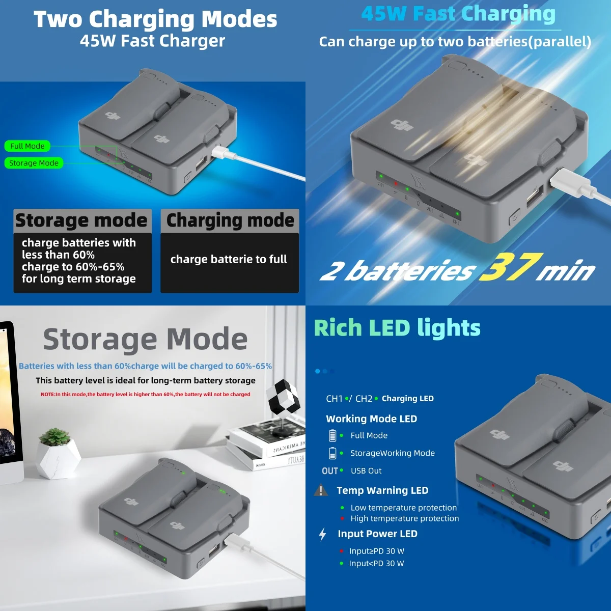 Chargeur USB pour batterie DJI Neo2, branchement de la batterie sur un des ports, câble inclus.