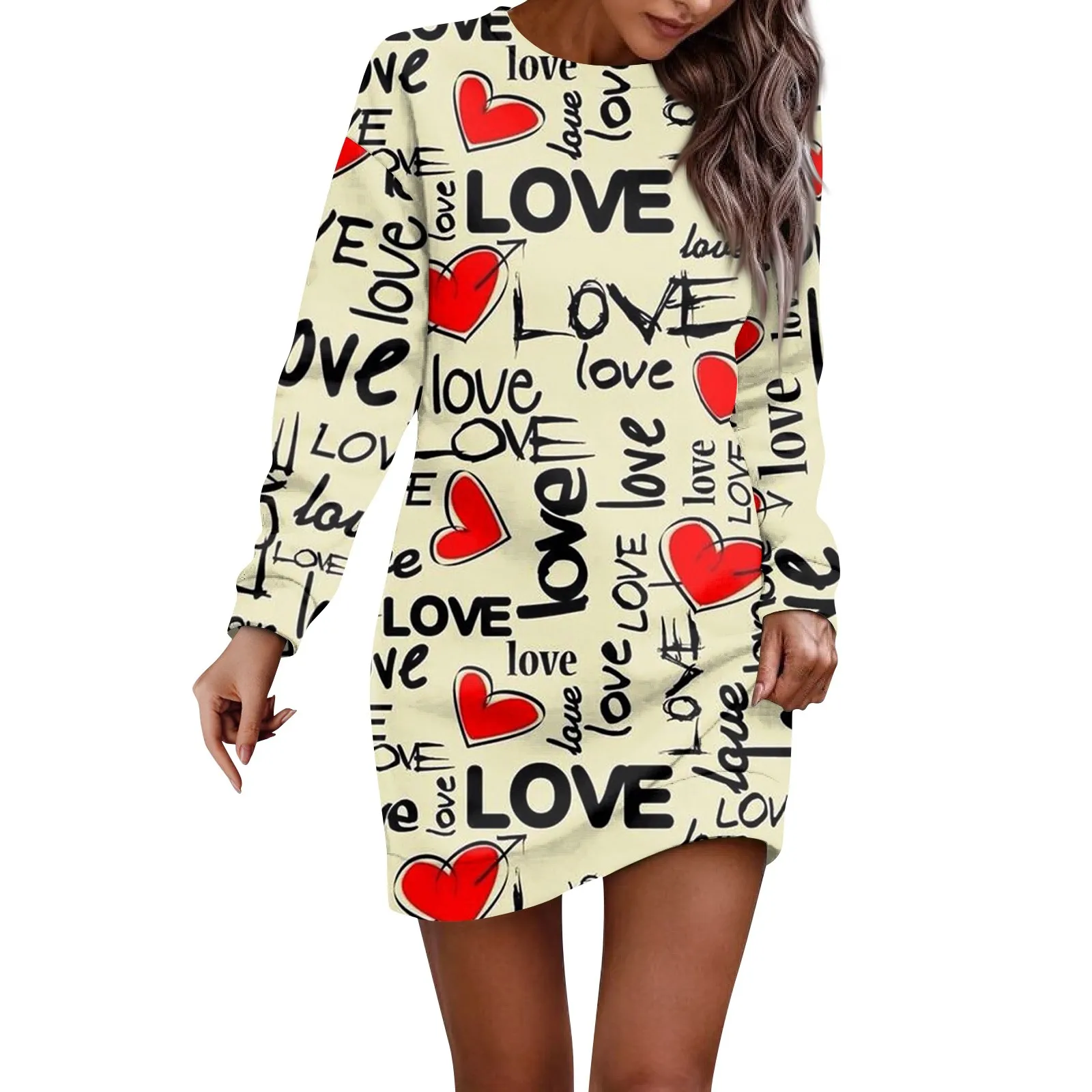 

Long Sleeve Dress For Women Casual Printed Pullover Hip Pack Dress Sweater Dress Autumn Valentines Day Decoration Hen Party