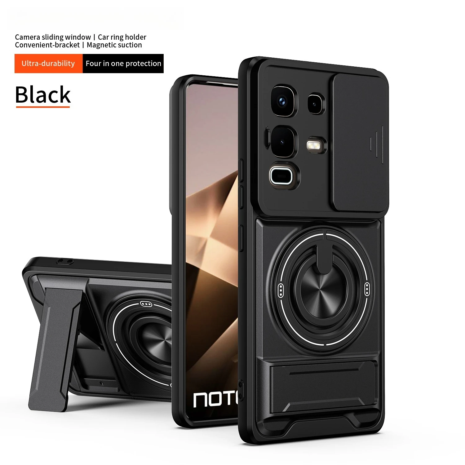 Sliding Window Cover Phone Case with Magnetic Ring and Double Bracket