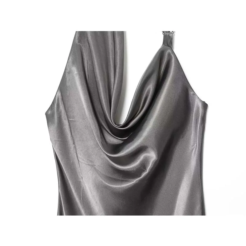 2025 Fashion Satin Backless Midi Dress Asymmetry Ruched Women Dresses Chic Bead Halter Neck Lady Elegant Party Dresses