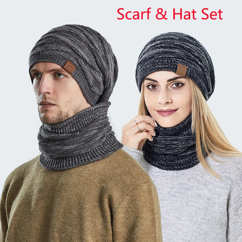 

Winter Beanie Hats Scarf Set Warm Knit Hat Woolen Cap Neck Warmer with Thick Fleece Lined Winter Hat and Scarf for Men Women