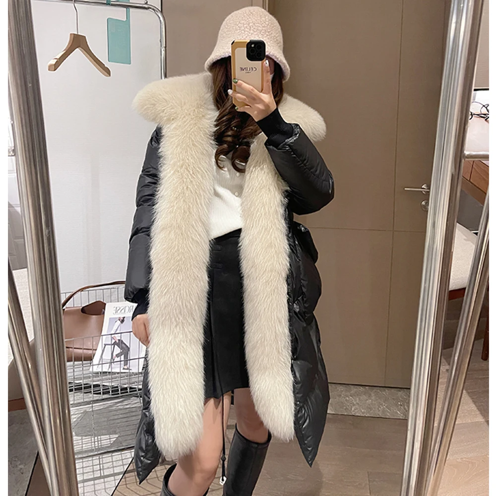 

2023 New Winter Coat Women 90% White Goose Down Jacket Long Real Fox Fur Collar Female Overcoat Fashion Outerwear Streetwear