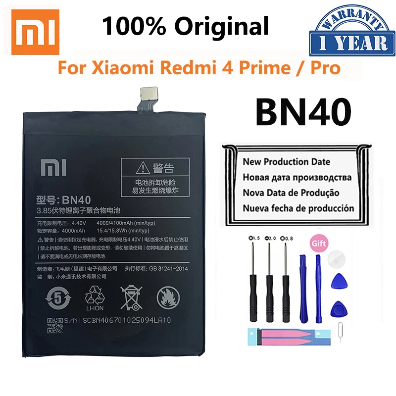 

Xiao Mi Original Phone Battery BN40 For Xiaomi Redmi 4 Pro Prime 3G RAM 32G ROM High Quality 4100mAh Phone Replacement Batteries