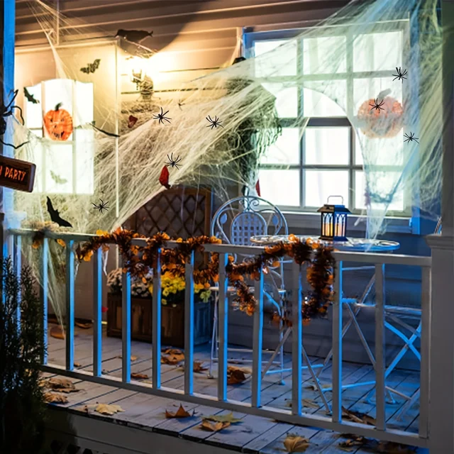 Glow-in-The-Dark Spider Webs and Fake Spiders – White Stretch Cobwebs for Spooky Halloween Indoor and Outdoor Horror Decoration Prop - Image 5