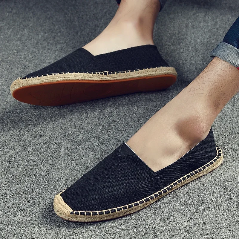 Women Sewing Flax Shoes Slip on Loafers Casual Shoes Man Espadrilles Hemp Canvas Flat Shoes Plus Size Fisherman Driving Footwear