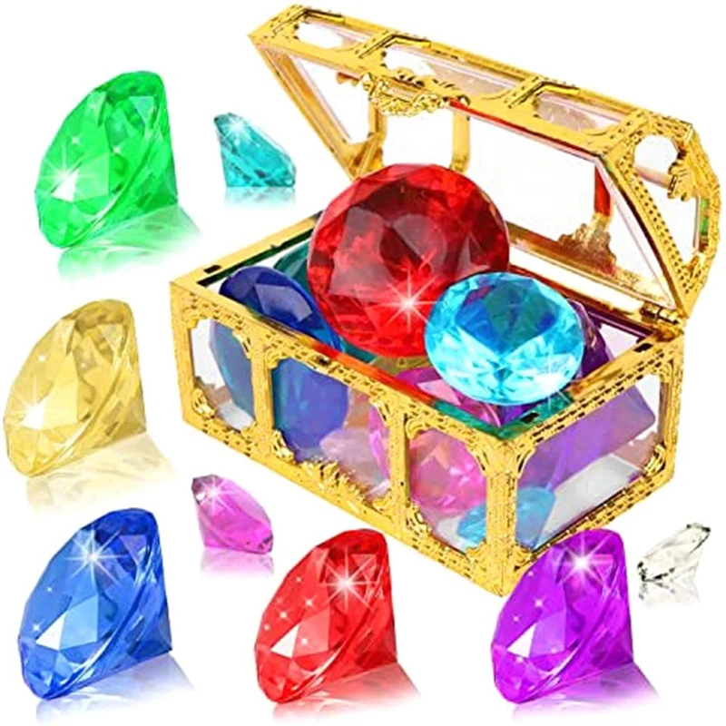 

Diving Gem Pool Toys Colorful Diamond Gem With Treasure Pirate Chest Box Summer Underwater Gemstones Set For Kids