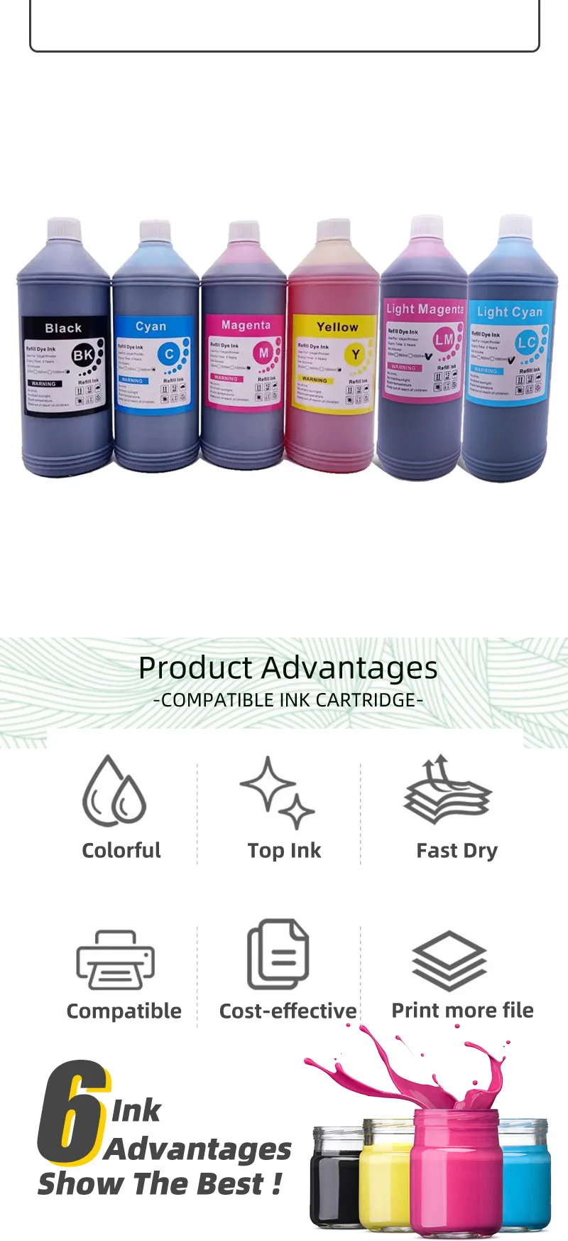Description Picture 3 of item1000ML 1KG Liter Black C M Y Refill Dye Based Ink Kit Replacement For Epson Iconic Brand HP Brother Lexmark Samsung Iconic Brand Inkjet Printer