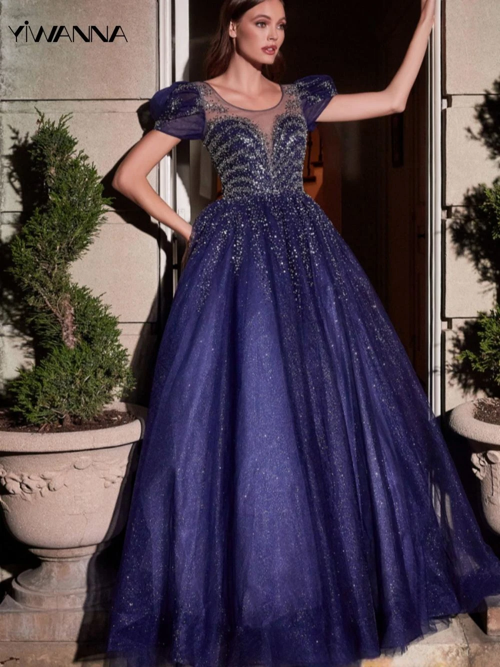 

Modern O-neck Puff Sleeve Prom Dress Sparkly Sequins Cocktail Gown Elegant A-line Long Evening Dress Vestidos De Novia