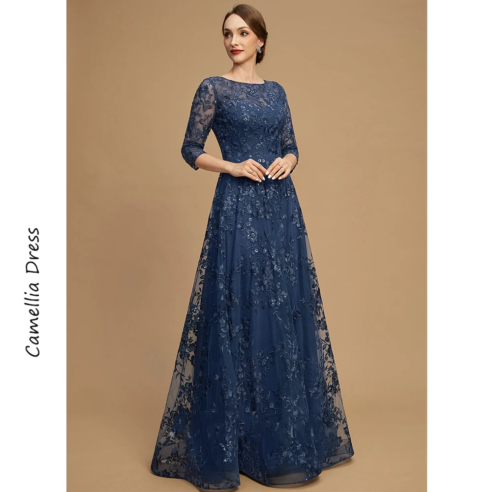 Mother bride dresses Women party dresses A-line Evening Scoop Illusion Dress Lace Sequins