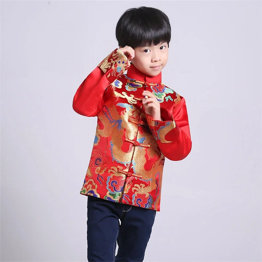 Red chinese style top Kids Boys Toddler hanfu chinese new year traditional clothes for Children winter jacket coats china tang chinese traditional costumes