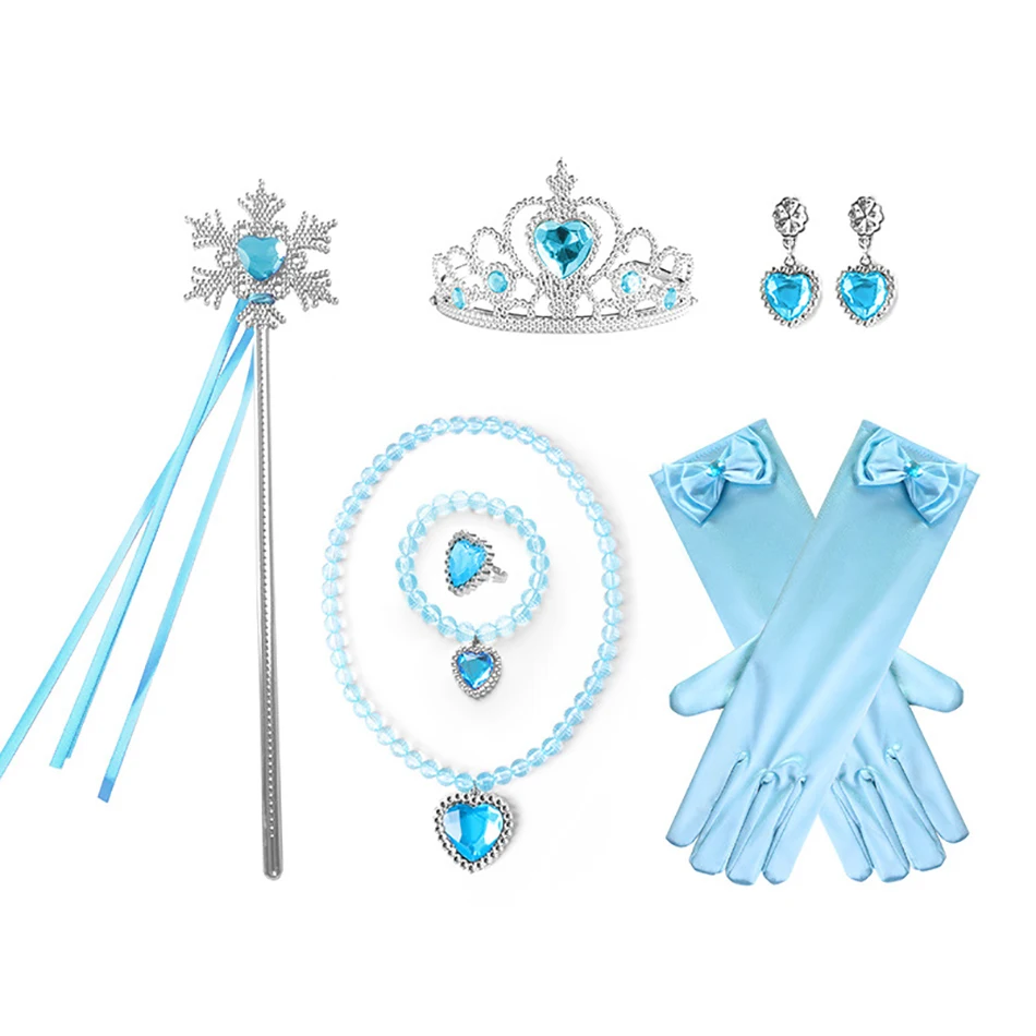 Girls Blue Elsa Cinderella Snow White Aurora Princess Accessory for Cosplay Dresses Bowknot Gloves Crown Wand Neacklace Bracelet 5