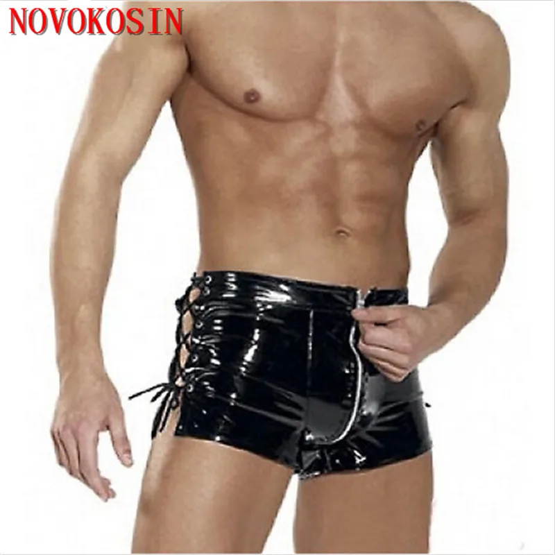 S-5XL Men Sexy Zipper Crotch Boxer PVC Wet Look Faux Leather Fetish Costumes PU Side Bandage Plus Size Short Pants