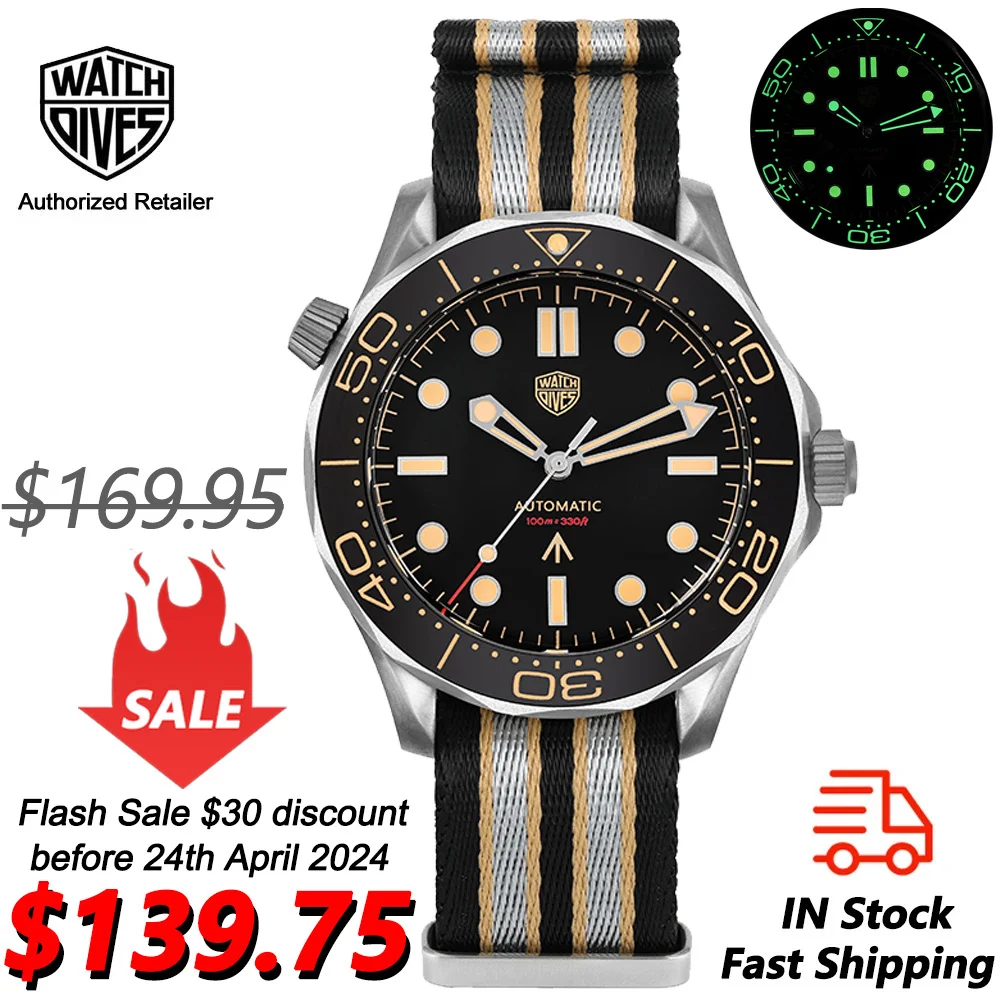 Watchdives WD007 Automatic Watch NH35 Movement Watches Domed Sapphire Crystal with Clear AR Coating C3 Super Luminous Wristwatch