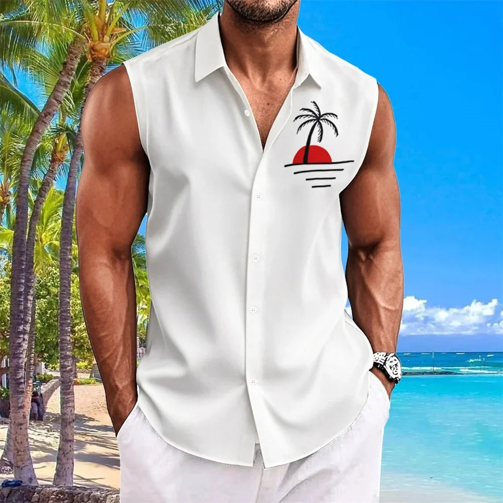 חולצות הוואייאניות לגברים עם הדפס עץ קוקוס, אופנתיות ופשוטות, בגדי גברים בגודל גדול, חולצות ללא שרוולים עם צווארון גבוה, חולצת גברים