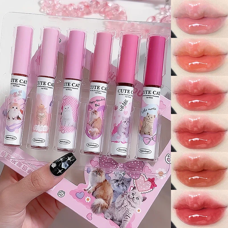 6Pcs/set Cute Cat Mirror Water Lip Gloss Set Red Tint For Lips Makeup Long Lasting Glass Lip Glaze Waterproof Lipstick Kit lip gloss lip makeup lip glaze lip tint