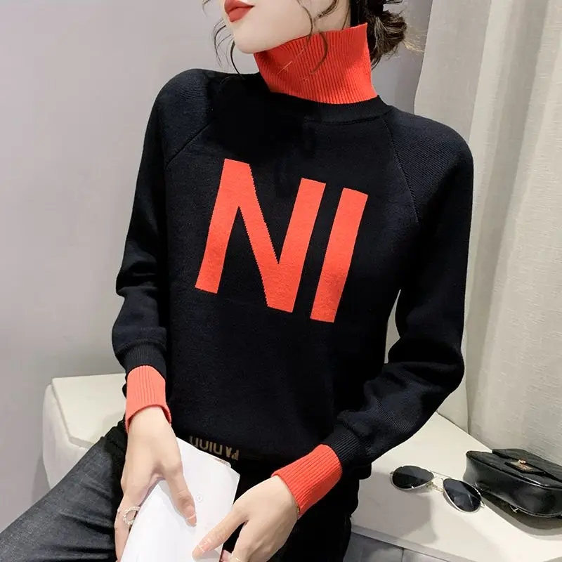 

Women's Autumn Winter Fashion Turtleneck Pullover Letter Versatile Long Sleeve Female Clothes Slim Fit Sweater Chic Knitted Tops