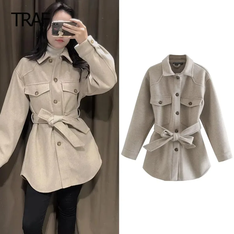 

Женское твидовое пальто с отложным воротником, длинным рукавом и поясом