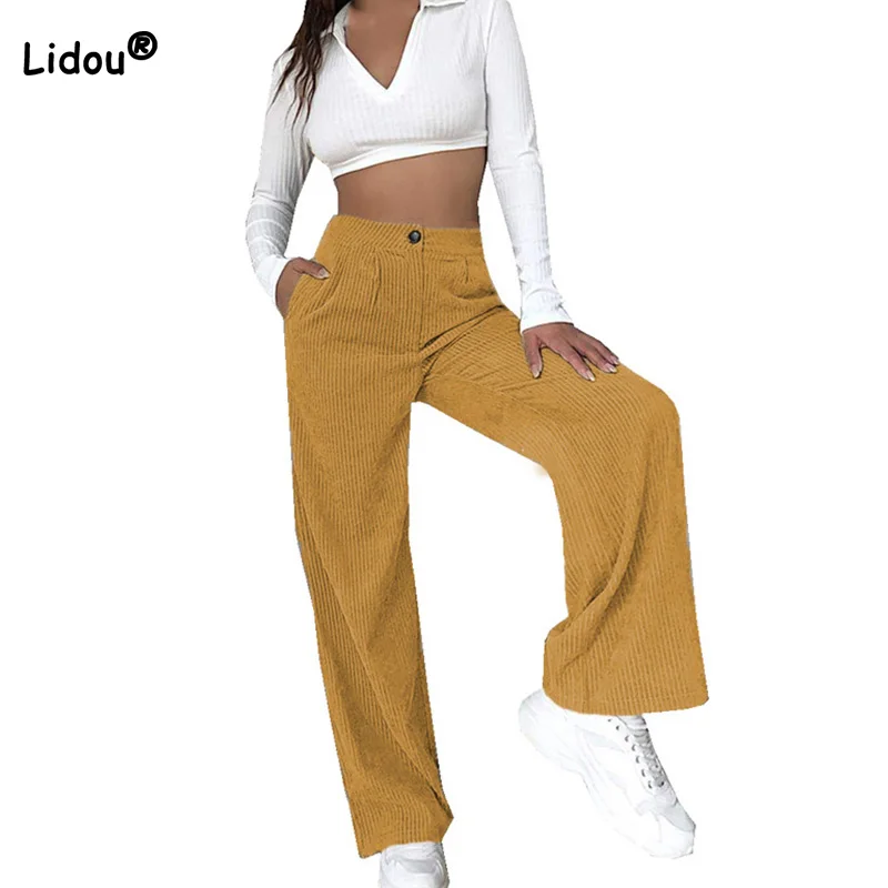 

Autumn Winter New High Waist Casual Trousers Solid Color Button Splicing Pockets Corduroy Loose Fitting Straight Pants for Women