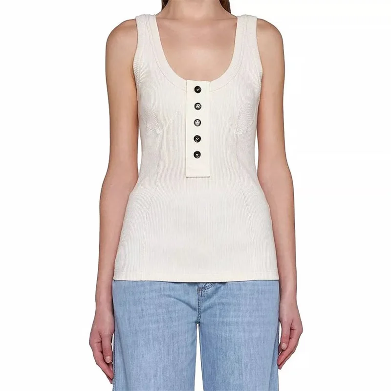 

Women's t-shirt 2024 Summer New Elastic Ribbed Knitted Slim Women's Tank Top High quality sleeveless top Pure cotton vest corset