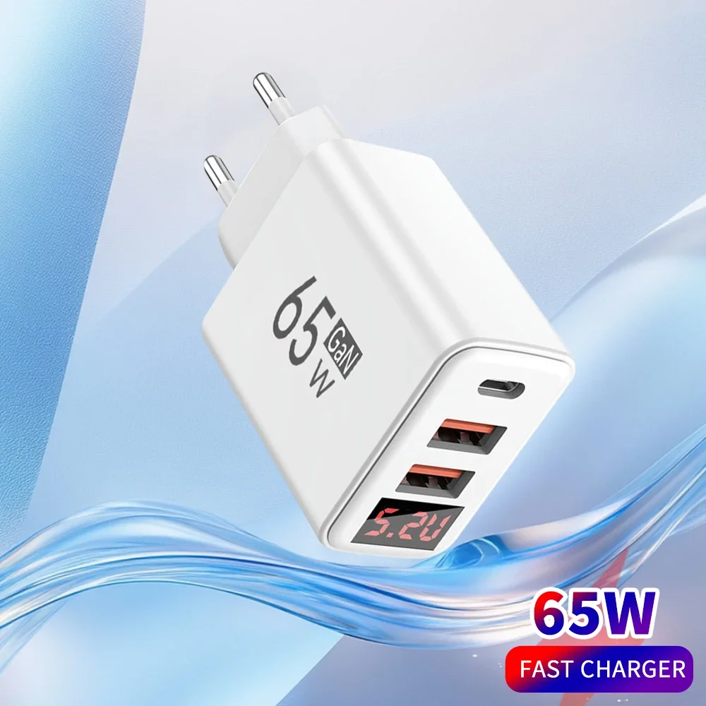 65W USB C Charger with LED Display QC3.0 PD Fast Charging for iPhone 15 16 Pro Samsung Xiaomi Huawei EU/US/UK Plug Wall Adapter