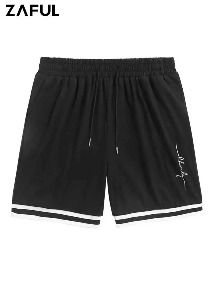 ZAFUL Shorts for Men Striped Panel Letter Graphic Printed Sweat Shorts Mid-waist Drawstring Streetwear Sports Shorts Z5078416