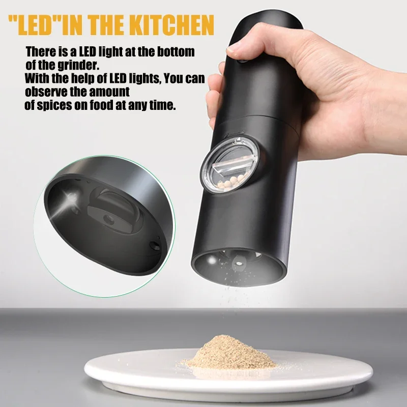 

Automatic Pepper Grinder Salt And Pepper Grinder USB Rechargeable Adjustable Coarseness Spice Mill With LED Light Kitchen Tool