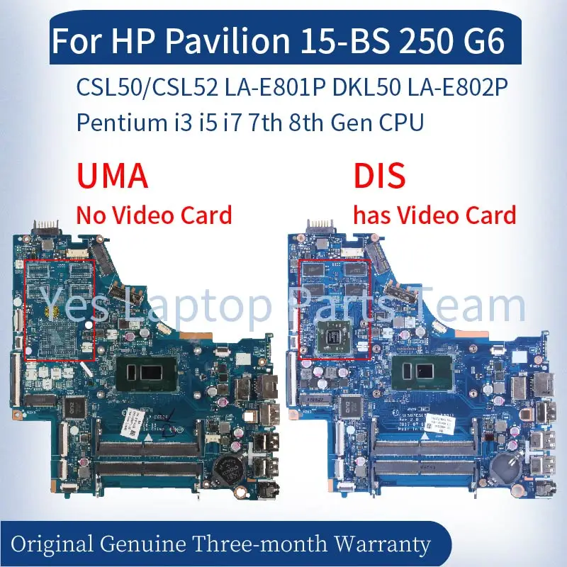 para hp Pavilhão 15-bs 250 g6 Laptop Mainboard Pentium i3 i5 i7 7ª 8ª Geração Uma Dis Ddr4 Notebook Motherboard La-e801p La-e802p