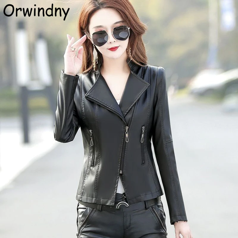 

Small Short Woman Leather Jackets Slim Fashion Zipper Coat Stand Collar Sweet Suede Clothing Orwindny