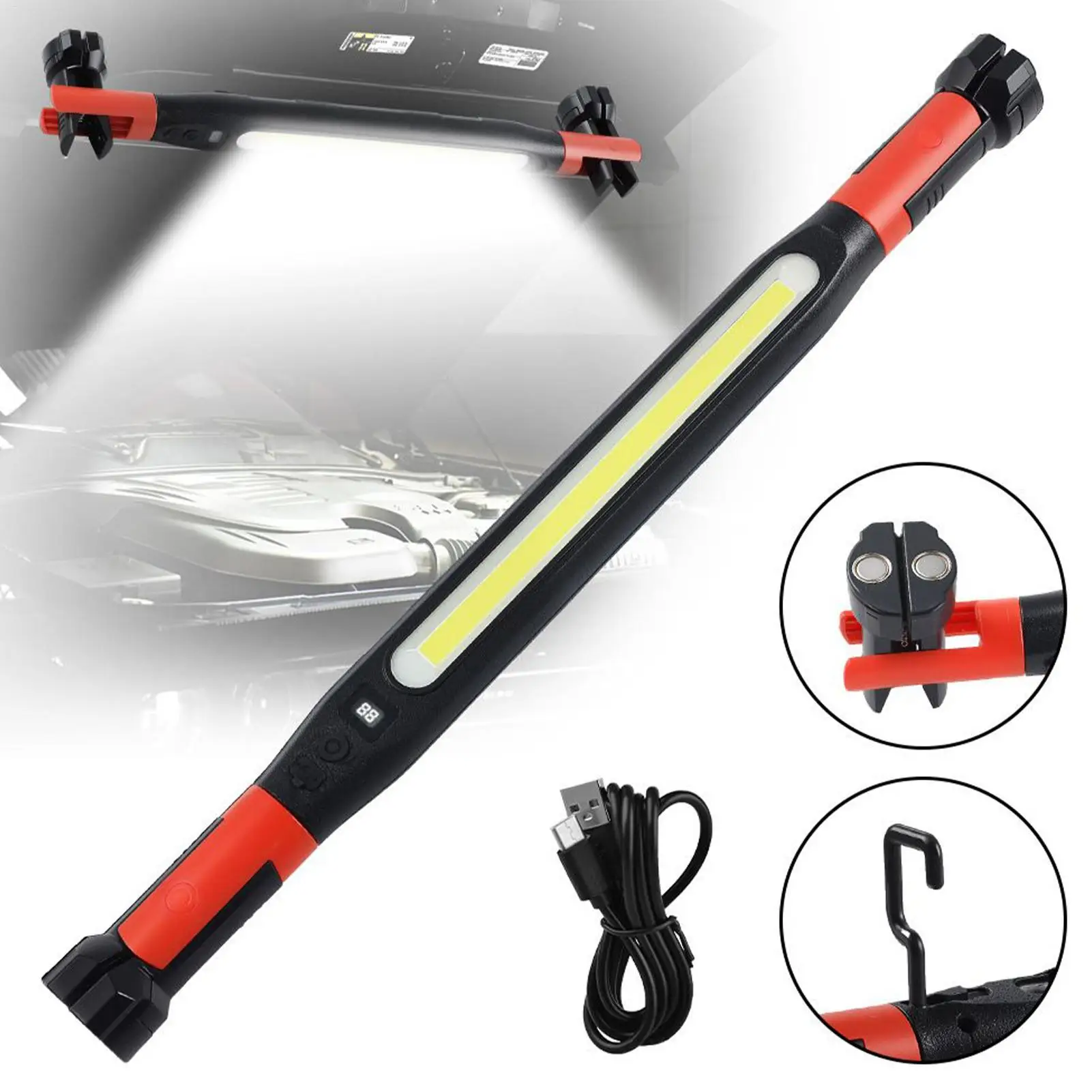 Rechargeable 4-Mode Magnetic Work Light with Hooks for Hands-Free Use in Car Repair and Workshops