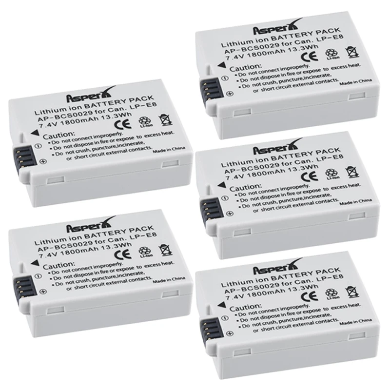 

5pcs 1800mAh LP-E8 LP E8 LPE8 Camera Battery Pack for Canon EOS 550D 600D 650D 700D Kiss X4 X5 X6i X7i Rebel T2i T3i T4i T5i