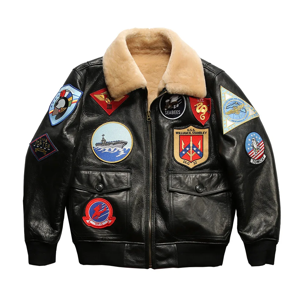

New Fashion Warm High Quality Top Gun Bomber Fur Embroidery Men's Multiple Standard Plus Size Shearing Sheep Leather Jackets