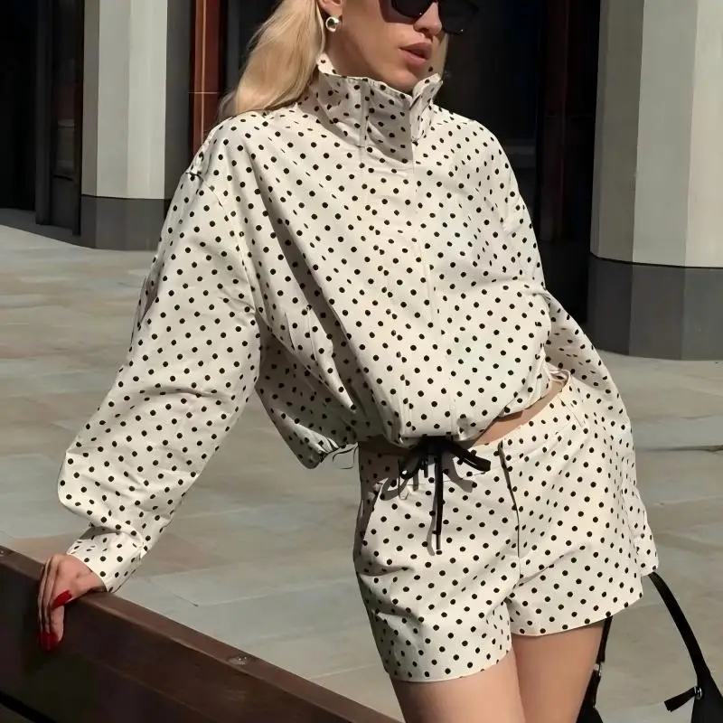 Chaqueta de Manga Larga para Mujer - Cuello con Cordón de Hilo Burbuja con Estampado de Puntos, Estilo Retro Chic Primavera 2026