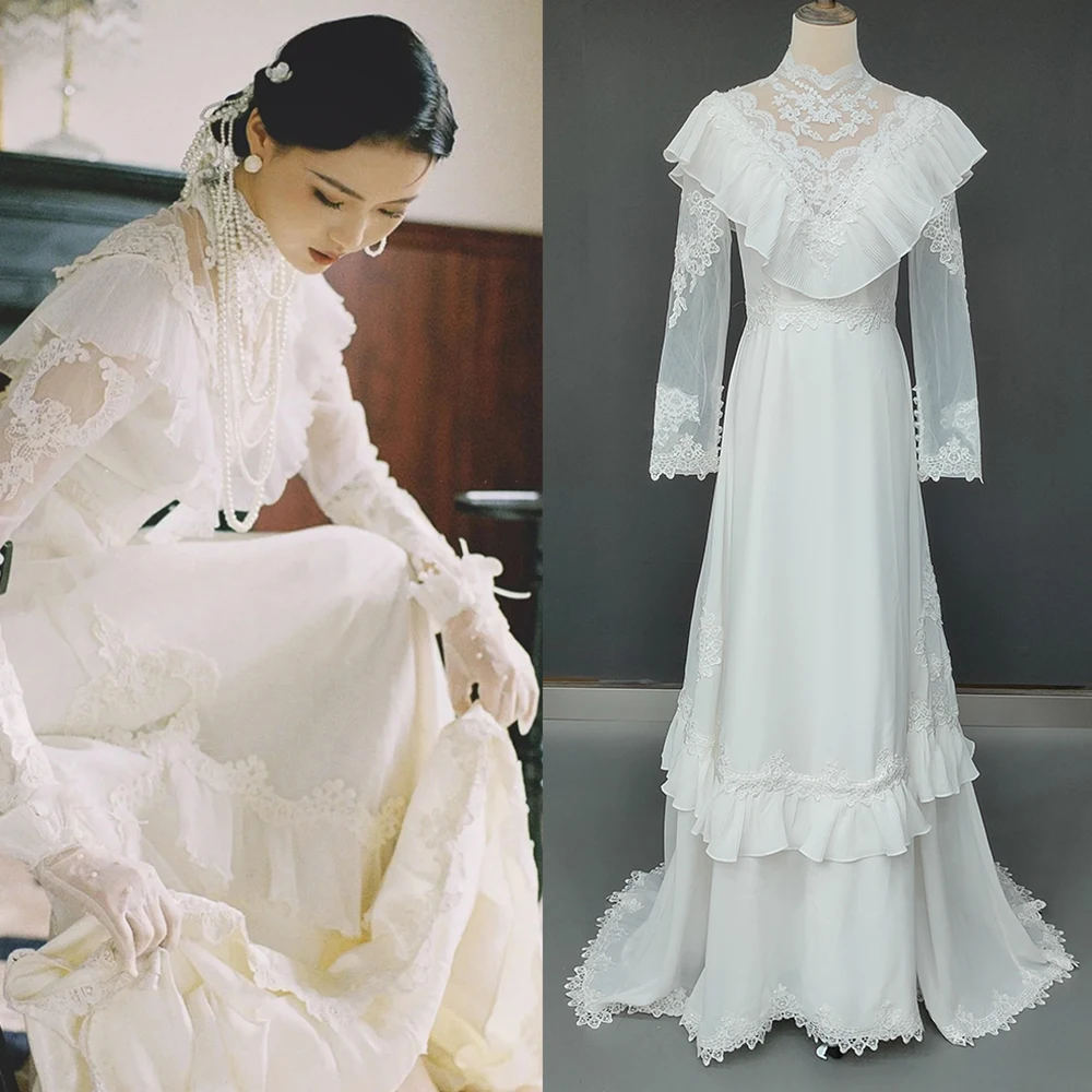 

Real Photos Medieval Victorian High Neck Wedding Dress Long Sleeves A Line Custom Made Pleated Chiffon Appliqued Bridal Gown