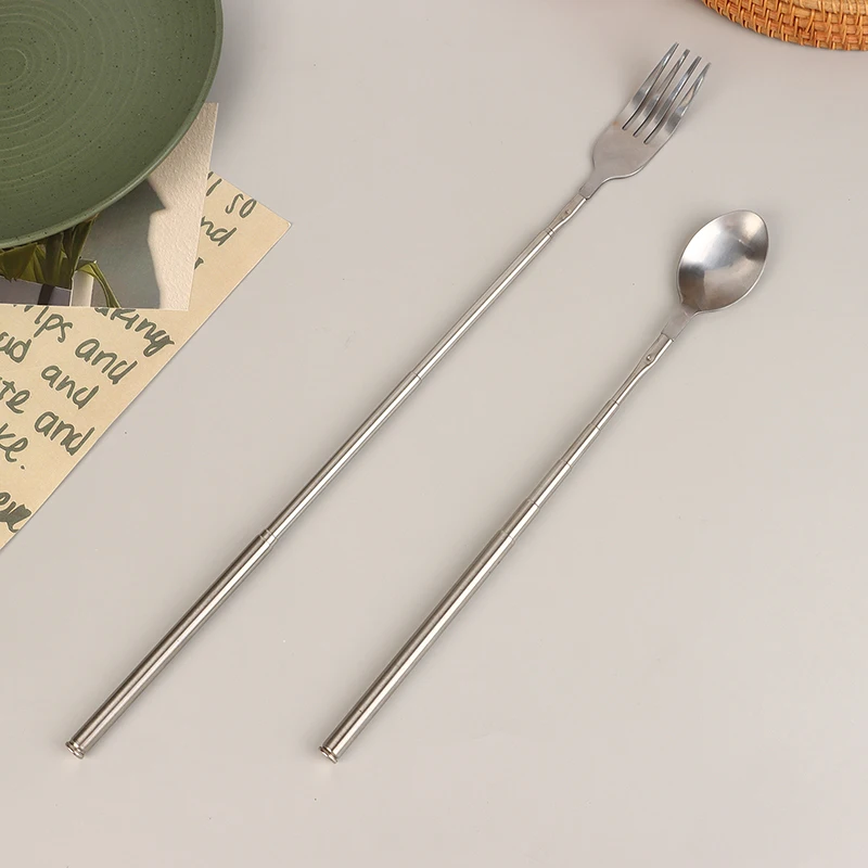 Silver Stainless Telescopic Extendable Spoon Fork Dinner Fruit Dessert Long Cutlery BBQ Meat Fork Kitchen Practical Tools stainless steel spoon,fruit fork,expandable fork,silverware set