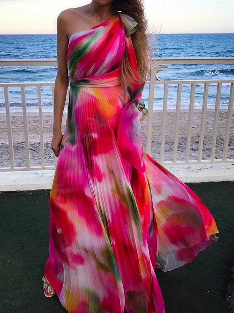 New Colorful Gradient Print Boho Holiday Dress Women Skew Collar Bow Long Party Dress Spring Summer Backless Pleated Beach Dress