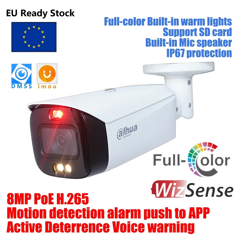 Dahua 8Mp Full-Color Active Deterrente Fixed-Focal Bullet Wizsense Network Ip Camera Hfw3849T1-As-Pv S4 Altoparlante Mic Integrato