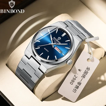BINBOND New Luxury Men Quartz Watches Waterproof Date Week Luminous Wristwatch Stainless Steel Buckle Men's Business Watches