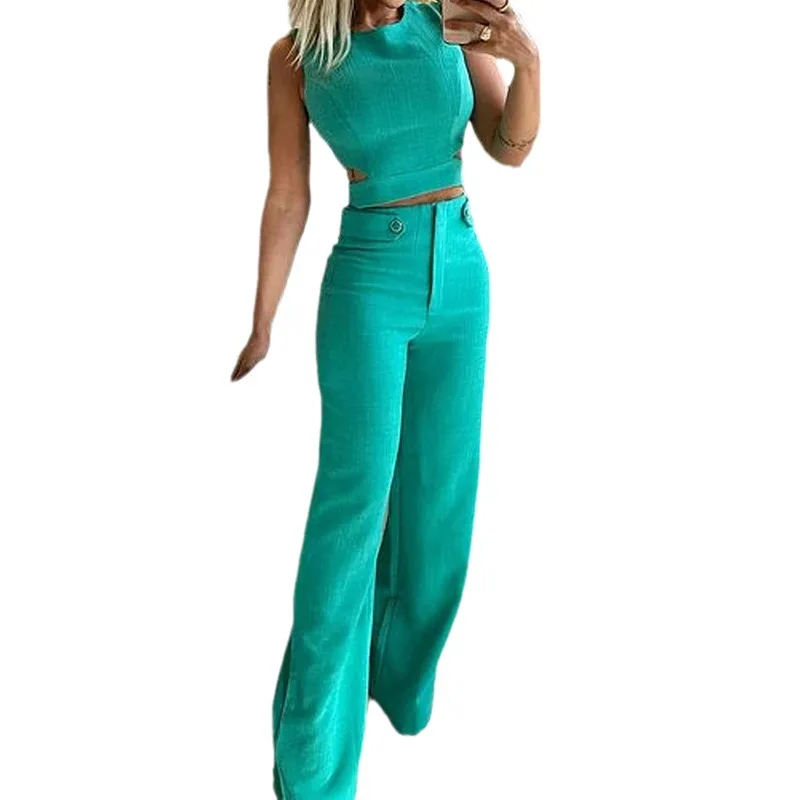 Women Sleeveless Slim Two Piece Set 2023 Summer New Pant Sets Tight Hollow Out Cropped Top High Waist Long Pants Suits Commuting