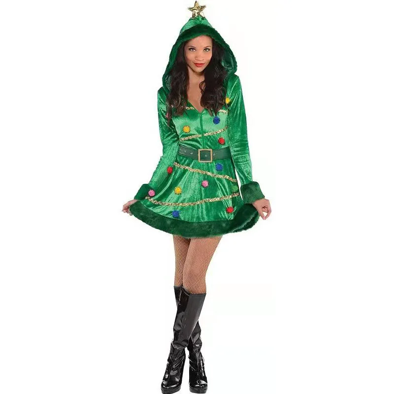 

Girls Cosplay Green Christmas Tree Costumes Carnival Party Stage Performance Hooded Maid Skirt Sexy Bunny Uniform Xmas Gifts